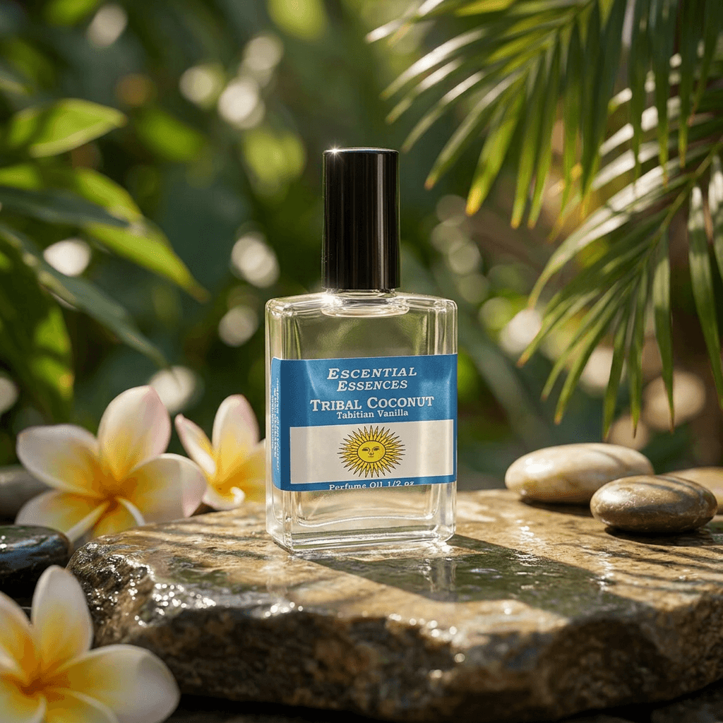 High-resolution side view of Tribal Coconut Oil bottle on polished stone with natural outdoor lighting and shadows.
