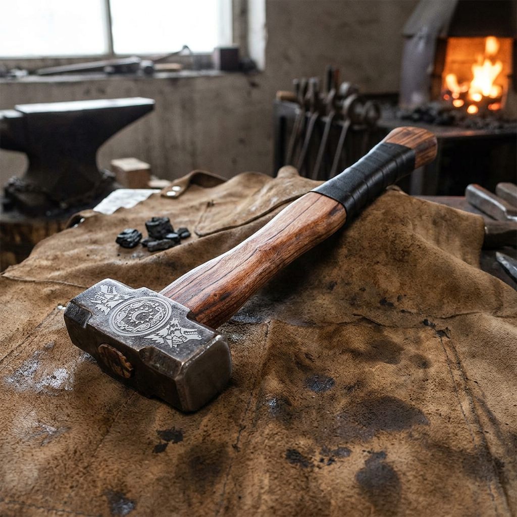 Side view of the 18-inch Viking hammer on leather cloth in a forge setting, emphasizing engraved patterns, antique finish, and rugged craftsmanship.