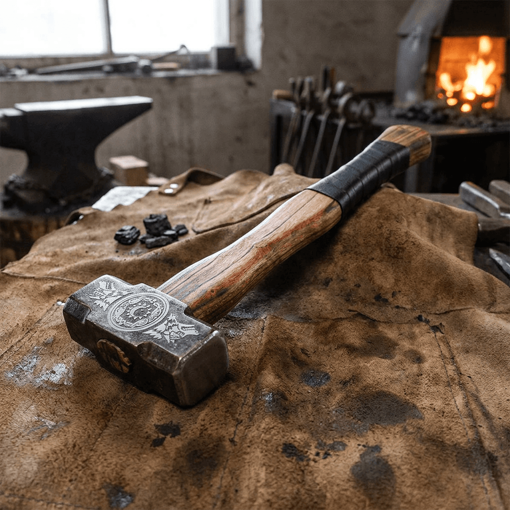 Side view of the 18-inch Viking hammer on leather cloth in a forge setting, emphasizing engraved patterns, antique finish, and rugged craftsmanship.