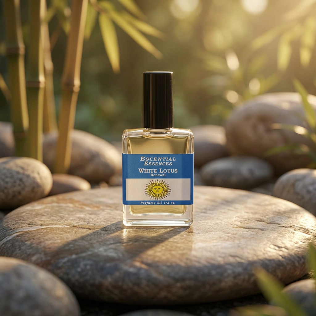 Side view of White Lotus Essential Essences Oil on stone during golden hour with bamboo surrounds, evoking natural renewal and tranquility.