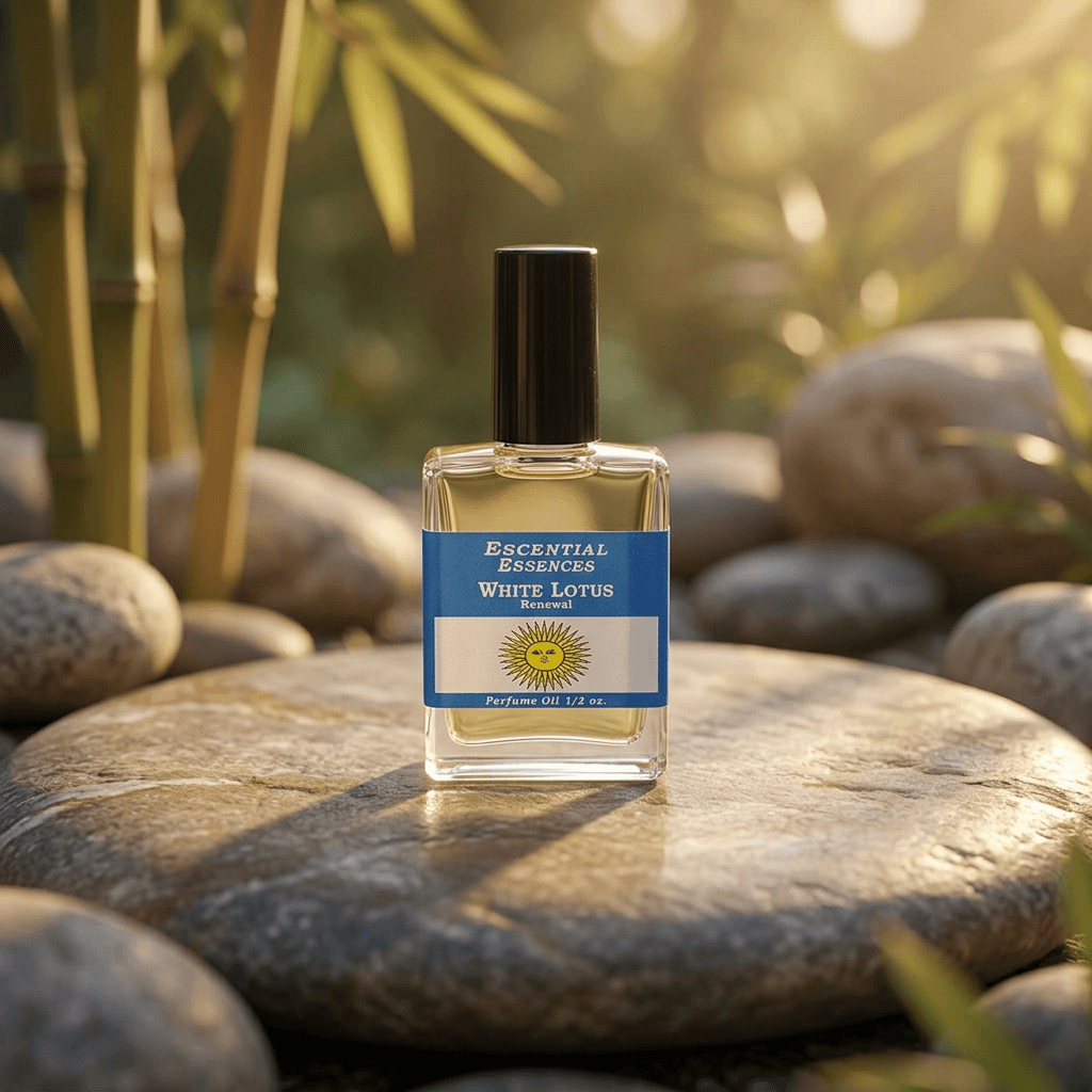 Side view of White Lotus Essential Essences Oil on stone during golden hour with bamboo surrounds, evoking natural renewal and tranquility.