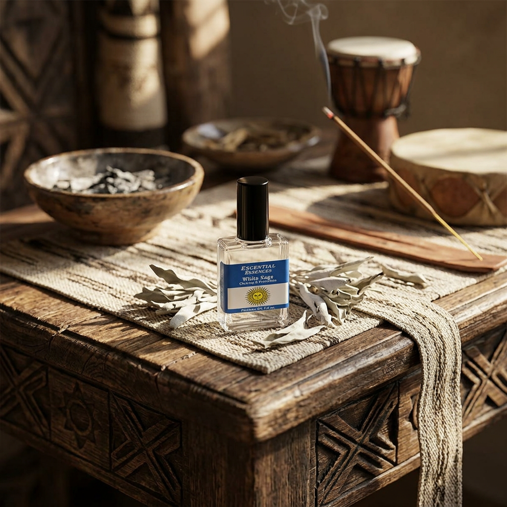 Full-body shot of white sage essential oil bottle on rustic altar surrounded by sage leaves and natural elements, evoking spiritual ceremony.