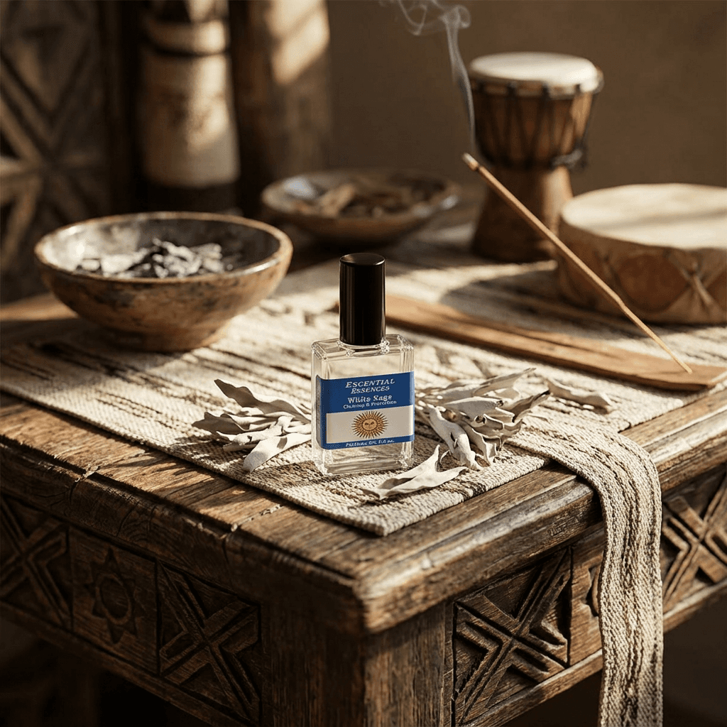Full-body shot of white sage essential oil bottle on rustic altar surrounded by sage leaves and natural elements, evoking spiritual ceremony.