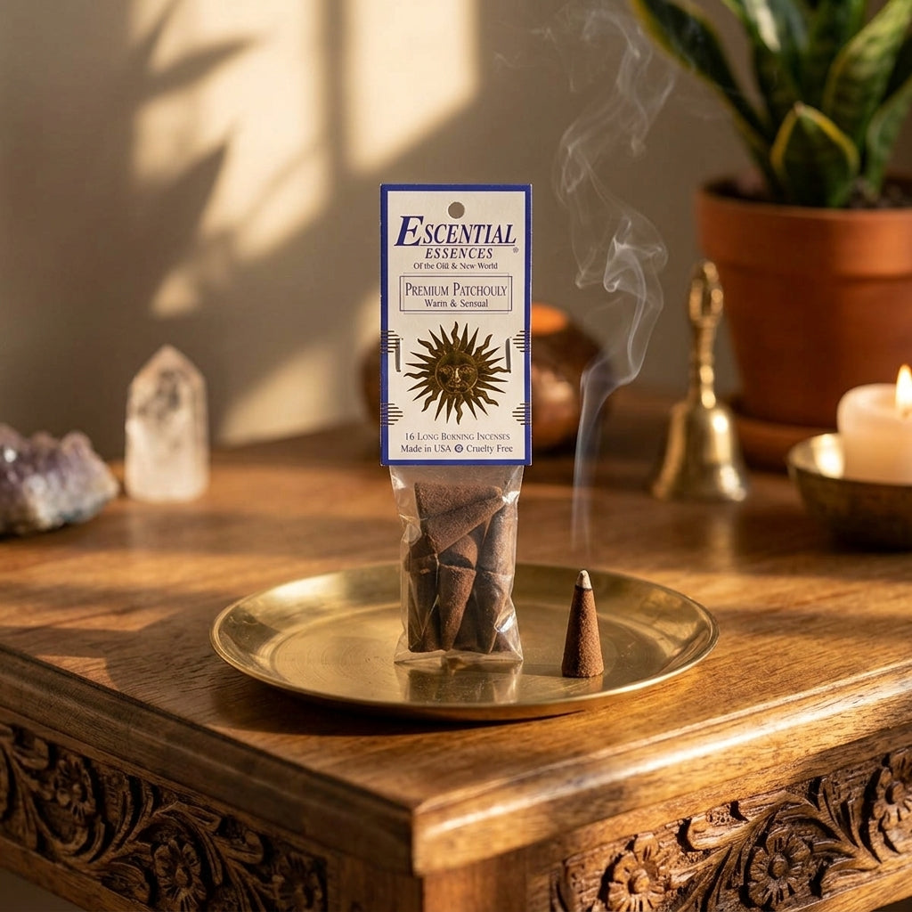 Small patchouli incense cone on brass plate in meditation altar with candles and symbols, warm golden hour lighting.