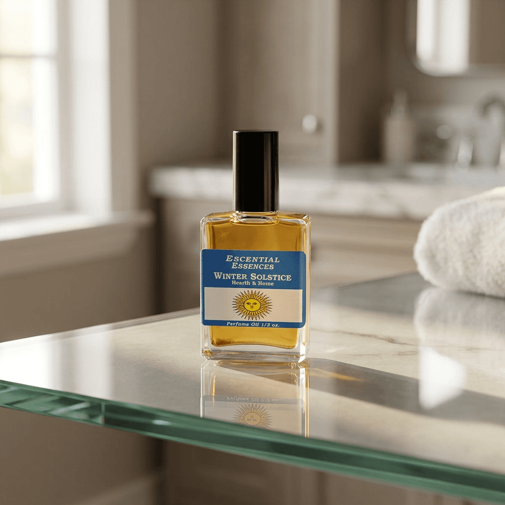 Elegant scene of Winter Solstice essential oil bottle on sleek glass shelf in serene bathroom, focused on micro-texture and minimal aesthetic.