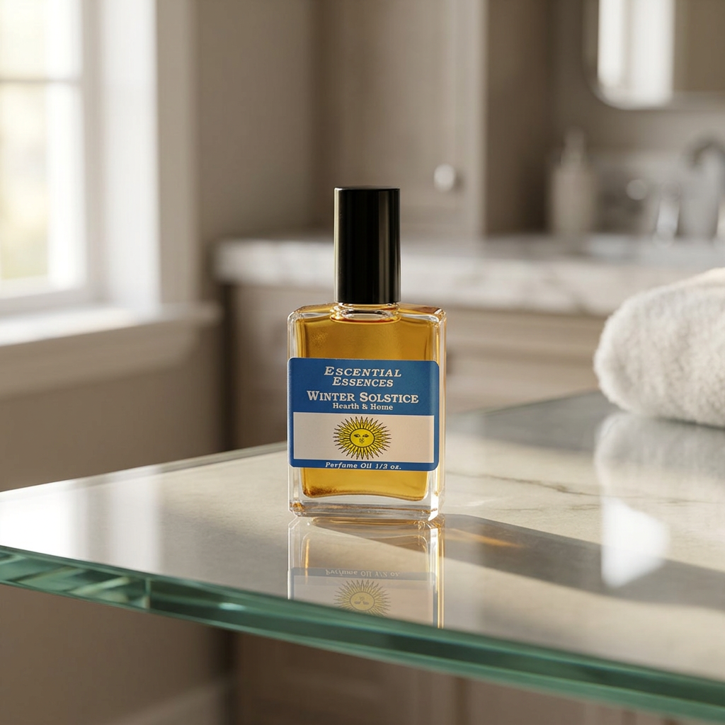 Elegant scene of Winter Solstice essential oil bottle on sleek glass shelf in serene bathroom, focused on micro-texture and minimal aesthetic.