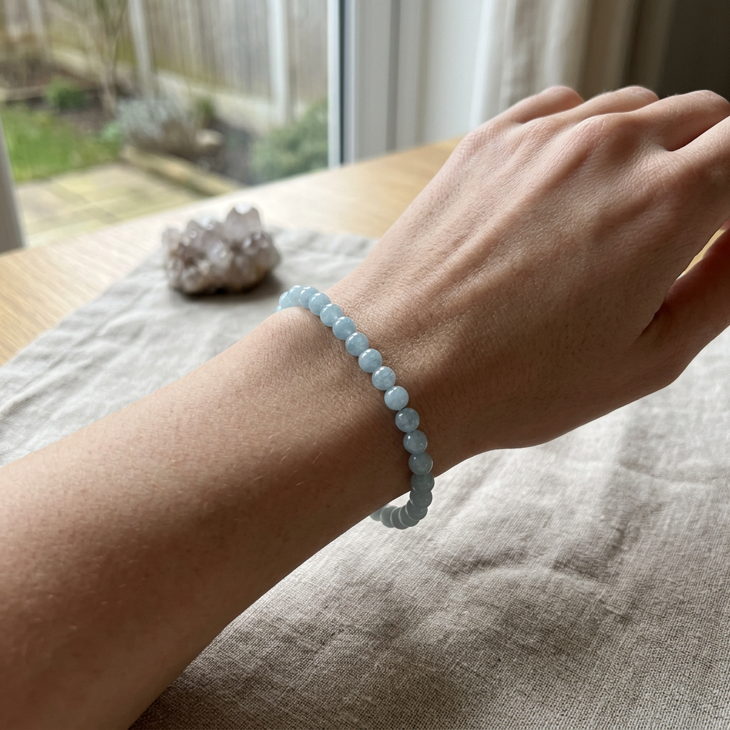 Diminutive 4mm aquamarine bracelet worn on wrist in cozy indoor environment, emphasizing delicate size, clarity, and peaceful vibe.