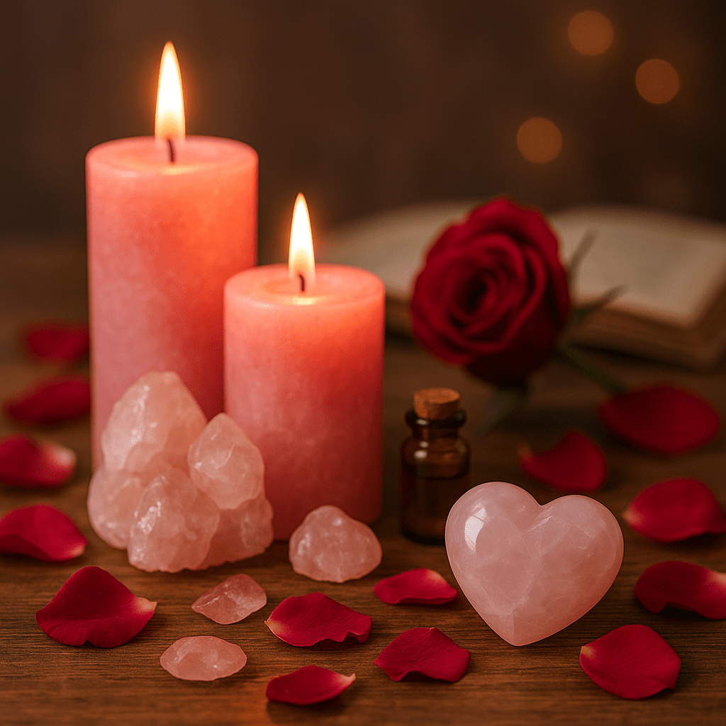 Love and attraction tools including crystals, candles, and oils for enhancing romance and self-love rituals