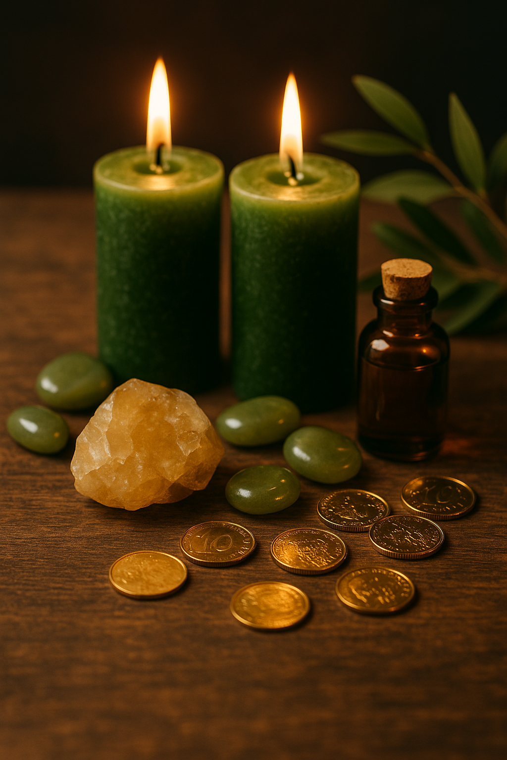 Collection of money and abundance items including crystals, candles, oils, and herbs for attracting wealth and financial growth