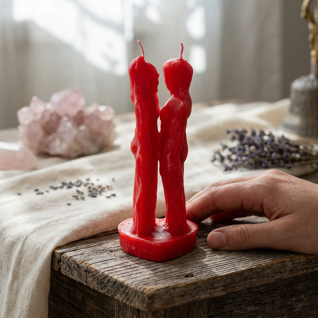 7-inch Red Lovers Candle on rustic altar with rose quartz crystals, illuminated by natural ambient light.