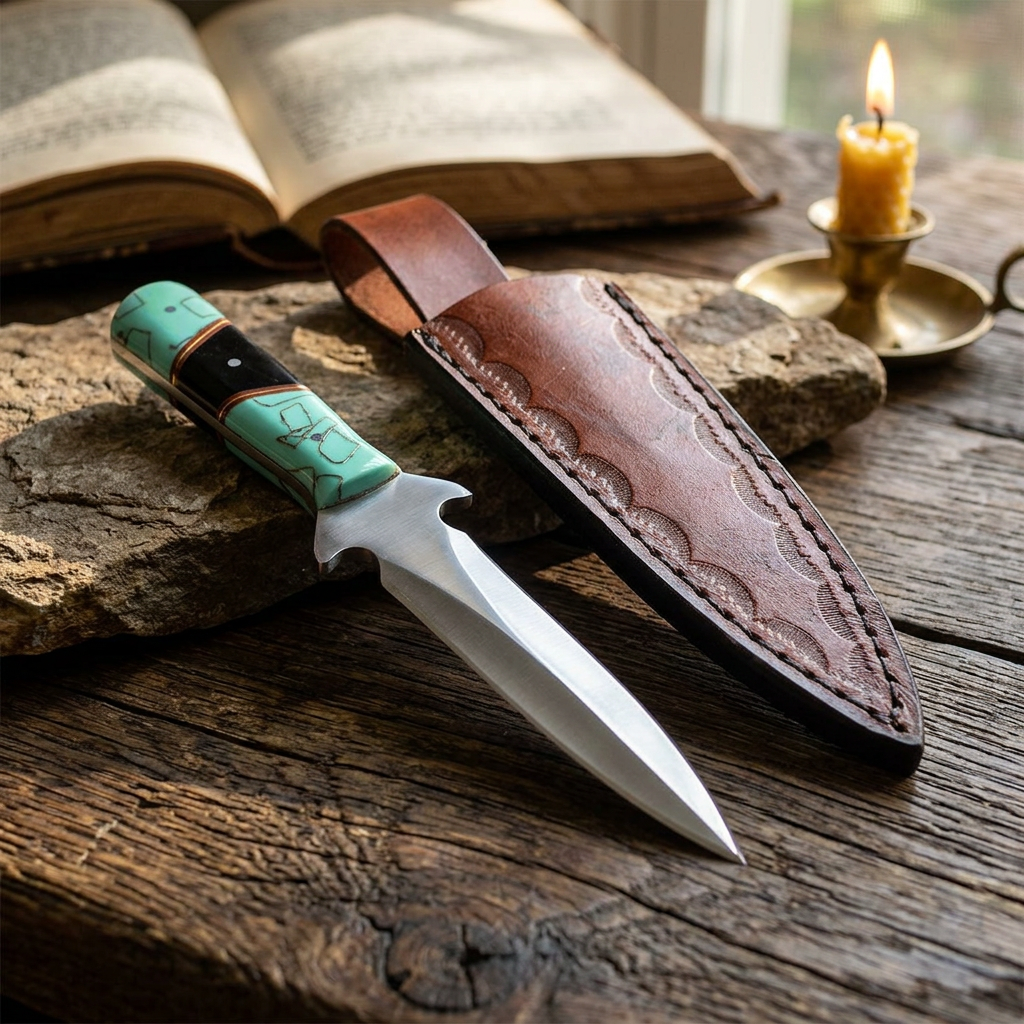 Full-body scene of a 7-inch turquoise and black handled athame on a textured ceremonial dark wood and stone altar, emphasizing its craftsmanship in a sacred setting.