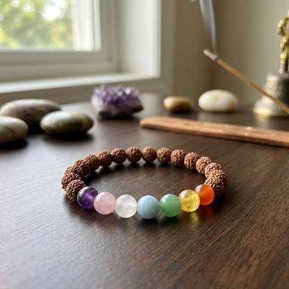 Photorealistic scene of a 7th Chakra Rudraksha bracelet placed on a dark wooden surface with soft natural light, highlighting texture and spiritual elements.
