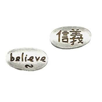 Double-sided Belivve pocket stone with "believe" and symbolic engraving, aluminum charm.