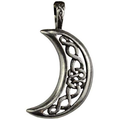 Celtic Moon Celestial amulet in pewter with intricate design, 1.5" x 0.75".