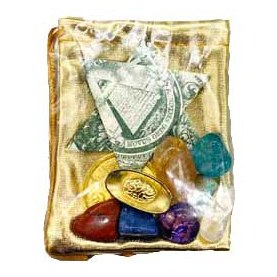 Chinese coin with crystals and gold-colored pouch for good fortune.