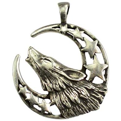 Howling Moon Celestial amulet with pewter crescent moon, stars, and howling wolf design.