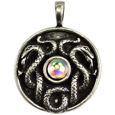 Nathair amulet with Celtic snake design, pewter finish, and iridescent center stone.