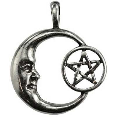 Pentacle Moon Celestial amulet in pewter, shaped like a crescent moon with a pentacle design.