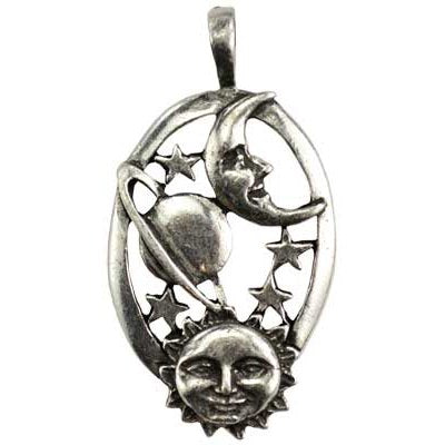 Harmonious Universe Celestial amulet featuring sun, moon, planets, and stars in pewter.