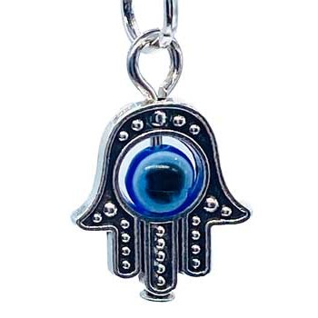 3/4" silvertone Fatima Hand amulet with spinning Evil Eye charm.
