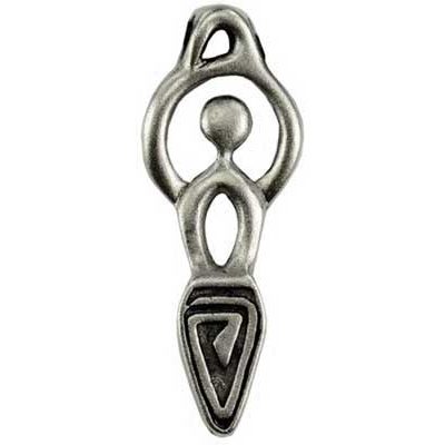 Fertility amulet featuring Goddess design with spiral womb pattern, pewter.