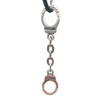 2" silver-toned handcuff amulet symbolizing freedom and strength