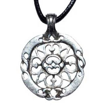 Celtic Harmony Protection amulet featuring a maze and woven knots, pewter, on a black cord.