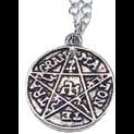 Pentagram amulet on silver chain with intricate design.