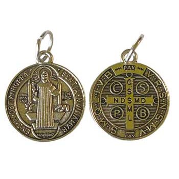 3/4" St Benedict amulet shown with front and back details, offering protection against curses and diseases.