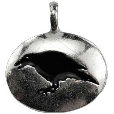 Raven totem amulet with cord, pewter, 1x1 inch, Made in USA.