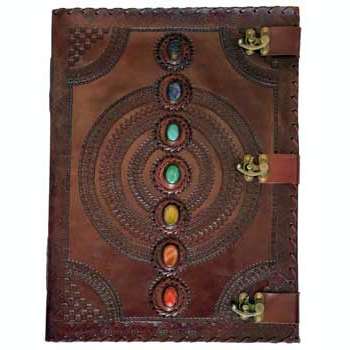 7 Stone leather blank book with chakra stones and three latches.