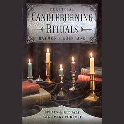 Practical Candleburning Rituals book by Raymond Buckland with candles.