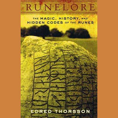 Runelore, Handbook of Esoteric Runology by Edred Thorsson book cover with ancient rune stone.