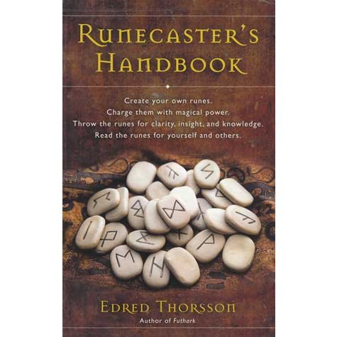 Runecaster's Handbook by Edred Thorsson book cover with rune stones depicting mystical symbols and spiritual guidance