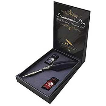 Steampunk calligraphy set with black and amaranth ink bottles.