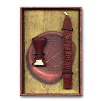 Magic sealing wax kit with red wax stick and wooden handle stamp in decorative box for invitations and rituals