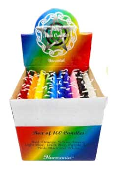 1/2" dia 5" long assorted chime candle 100 pack in multi-colored display box.