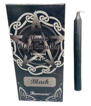 1/2" dia 5" long black chime candle 20 pack, ideal for protection and balancing rituals, made in India.