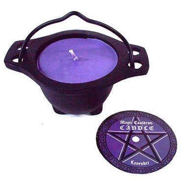 Lavender candle in a decorative cauldron for ambiance and decor.