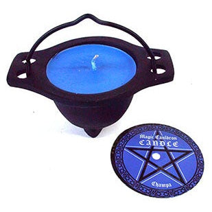 Nag Champa candle in reusable cast iron cauldron with mystical design.