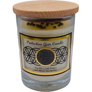 Protection gemstone soy candle with Black Tourmaline chips in glass jar and wooden lid.