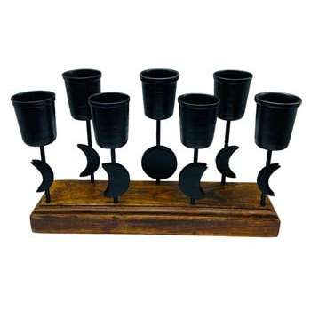 7 1/2 inch Moon Phases candle holder with iron cups on wooden base for spiritual rituals and energy alignment