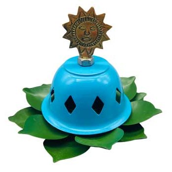 Brass and iron 3 1/2" sun tealight stand with flower holder and sun cover.