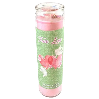 Pink candle in a glass jar with 'True Love' text and fairy design on a green background