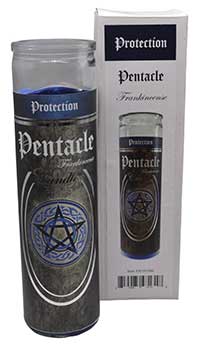 90 hr Pentacle (Frankincense) jar candle with protection symbol and beautiful artwork packaging.