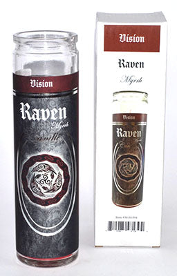 90 hr Raven Myrrh jar candle with artwork, boxed packaging.