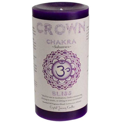 Crown Chakra pillar candle 3 inch by 6 inch with vivid colors and removable label for spiritual energy work