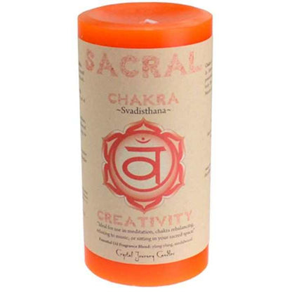 Sacral Chakra pillar candle 3 inch vibrant orange with removable label for energy work and meditation