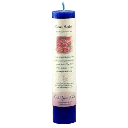 Candle with blue wick and base, labeled 'Good Health', on a white background
