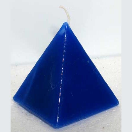 Blue pyramid Jasmine candle, 2 1/2" x 3", known for connecting with emotions and mystery.